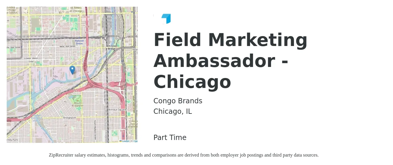 Congo Brands job posting for a Field Marketing Ambassador - Chicago in Chicago, IL with a salary of $18 to $25 Hourly with a map of Chicago location.