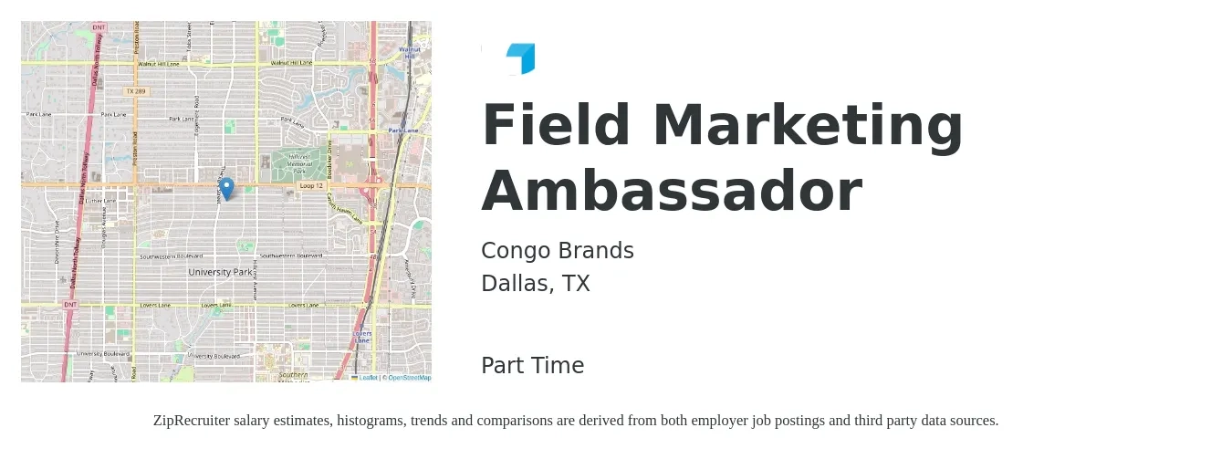 Congo Brands job posting for a Field Marketing Ambassador in Dallas, TX with a salary of $17 to $24 Hourly with a map of Dallas location.