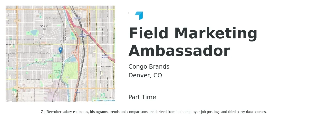 Congo Brands job posting for a Field Marketing Ambassador in Denver, CO with a salary of $18 to $25 Hourly with a map of Denver location.