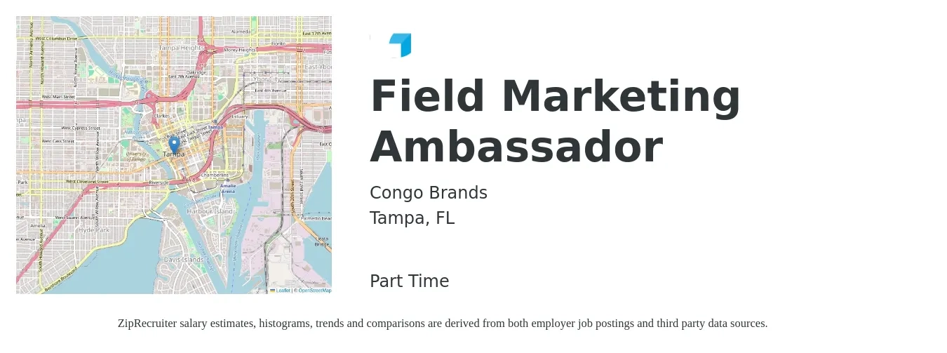Congo Brands job posting for a Field Marketing Ambassador in Tampa, FL with a salary of $16 to $23 Hourly with a map of Tampa location.