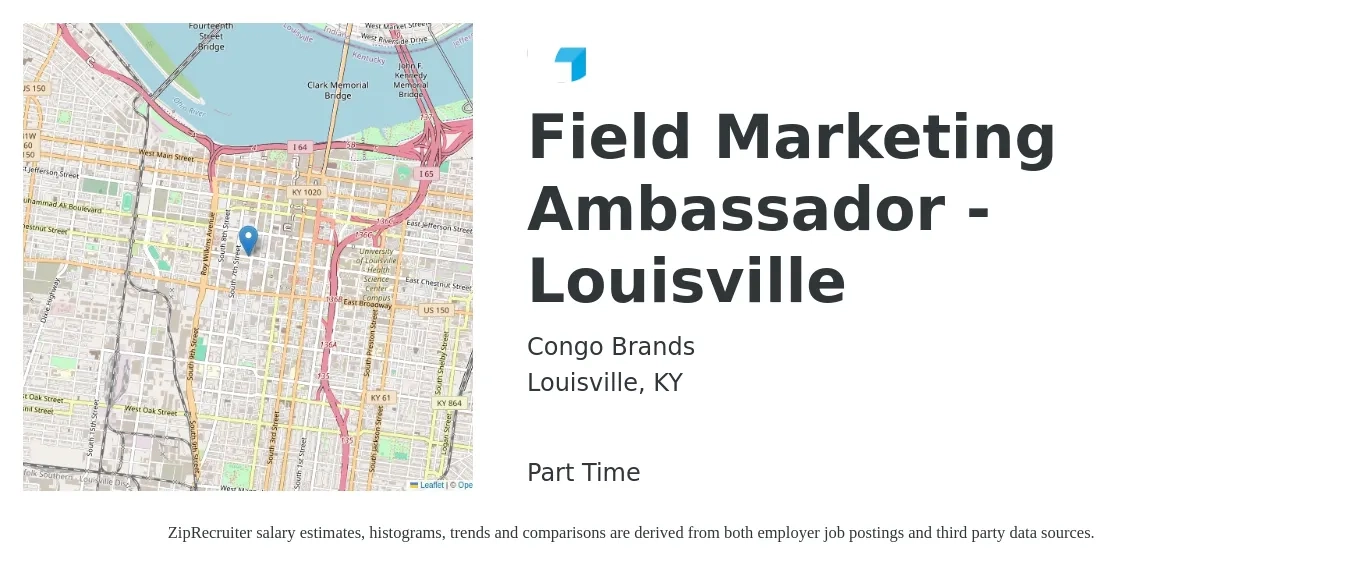 Congo Brands job posting for a Field Marketing Ambassador - Louisville in Louisville, KY with a salary of $16 to $23 Hourly with a map of Louisville location.