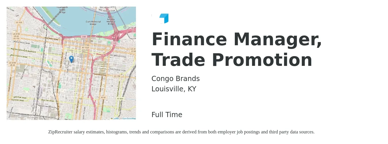 Congo Brands job posting for a Finance Manager, Trade Promotion in Louisville, KY with a salary of $90,800 to $161,400 Yearly with a map of Louisville location.