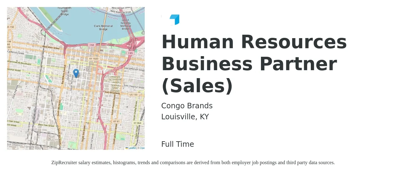 Congo Brands job posting for a Human Resources Business Partner (Sales) in Louisville, KY with a salary of $69,200 to $98,500 Yearly with a map of Louisville location.
