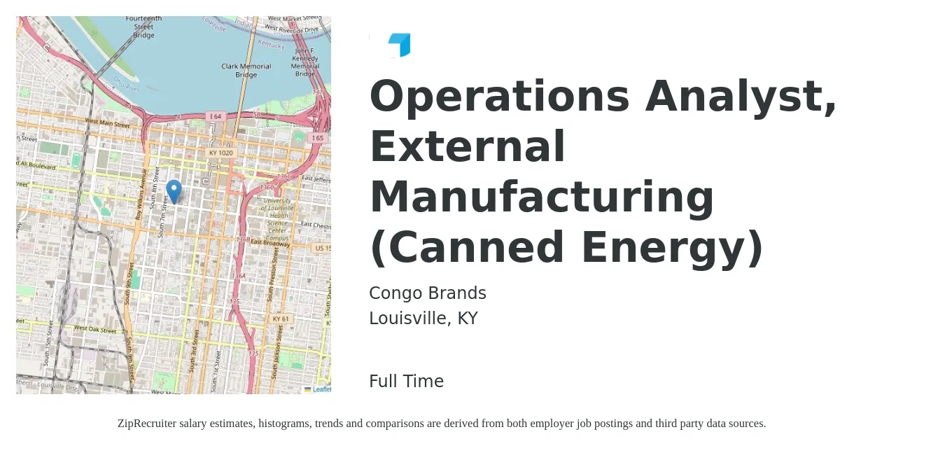 Congo Brands job posting for a Operations Analyst, External Manufacturing (Canned Energy) in Louisville, KY with a salary of $24 to $40 Hourly with a map of Louisville location.