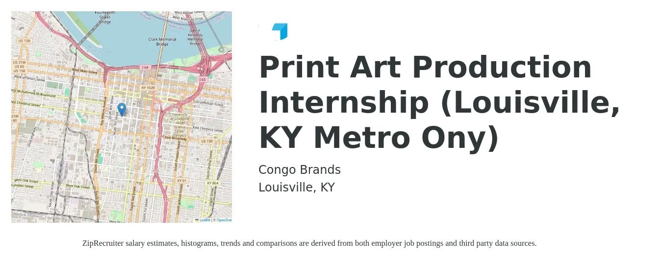 Congo Brands job posting for a Print Art Production Internship (Louisville, KY Metro Ony) in Louisville, KY with a salary of $12 to $14 Hourly with a map of Louisville location.