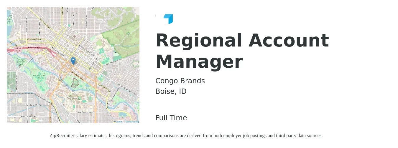 Congo Brands job posting for a Regional Account Manager in Boise, ID with a salary of $68,000 to $109,000 Yearly with a map of Boise location.