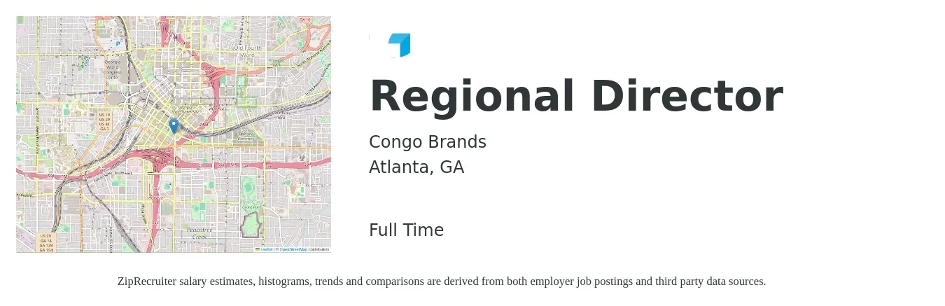 Congo Brands job posting for a Regional Director in Atlanta, GA with a salary of $65,400 to $110,600 Yearly with a map of Atlanta location.