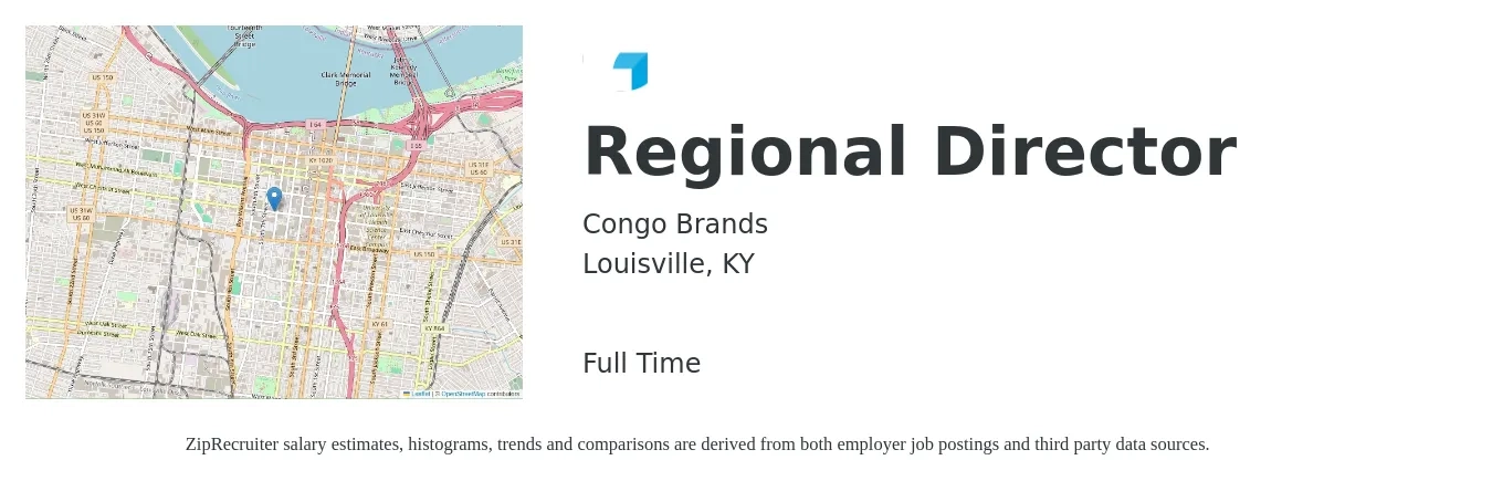 Congo Brands job posting for a Regional Director in Louisville, KY with a salary of $65,300 to $110,500 Yearly with a map of Louisville location.
