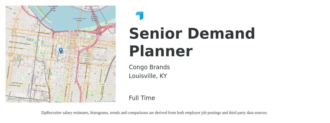 Congo Brands job posting for a Senior Demand Planner in Louisville, KY with a salary of $70,600 to $99,900 Yearly with a map of Louisville location.