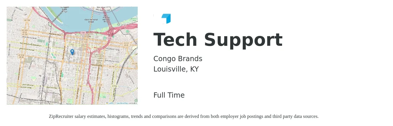 Congo Brands job posting for a Tech Support in Louisville, KY with a salary of $36,000 to $45,200 Yearly with a map of Louisville location.