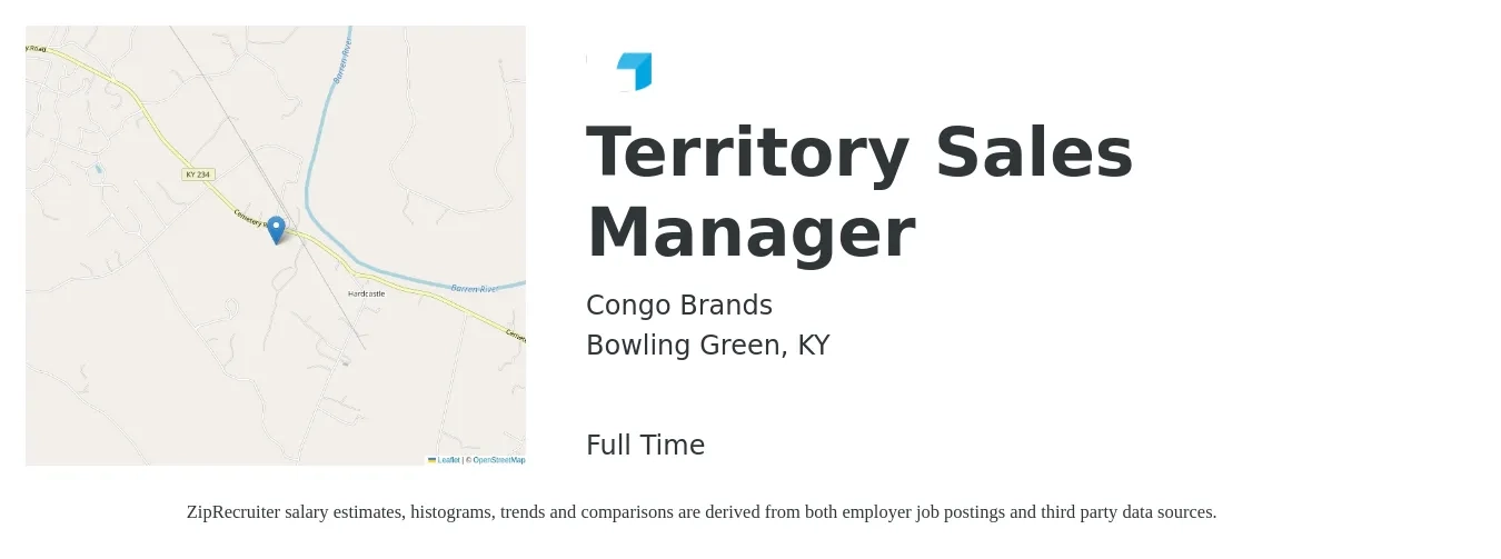 Congo Brands job posting for a Territory Sales Manager in Bowling Green, KY with a salary of $63,200 to $97,000 Yearly with a map of Bowling Green location.