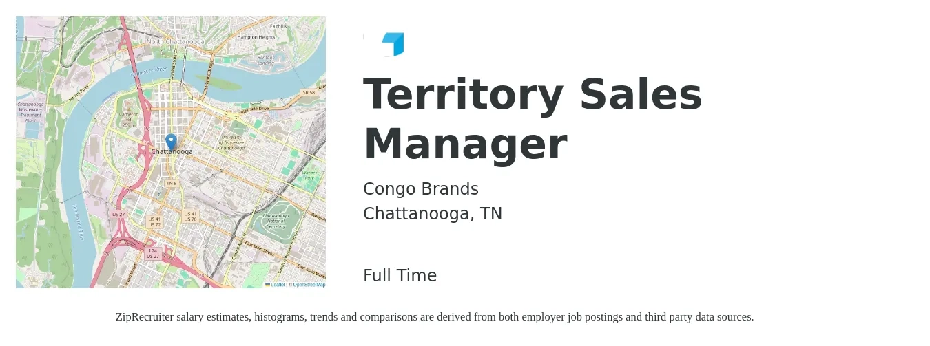 Congo Brands job posting for a Territory Sales Manager in Chattanooga, TN with a salary of $58,700 to $90,100 Yearly with a map of Chattanooga location.
