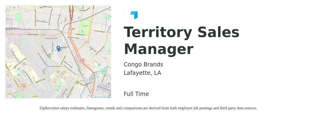 Congo Brands job posting for a Territory Sales Manager in Lafayette, LA with a salary of $61,600 to $94,500 Yearly with a map of Lafayette location.