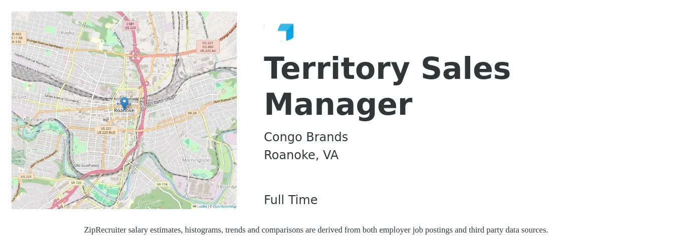 Congo Brands job posting for a Territory Sales Manager in Roanoke, VA with a salary of $63,300 to $97,100 Yearly with a map of Roanoke location.