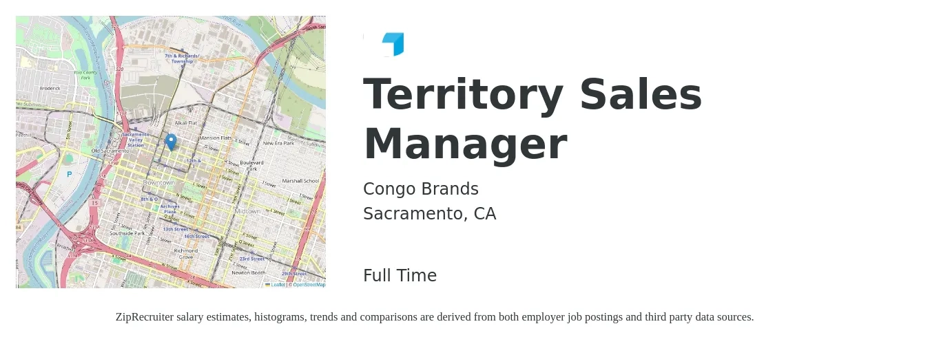 Congo Brands job posting for a Territory Sales Manager in Sacramento, CA with a salary of $68,800 to $105,600 Yearly with a map of Sacramento location.