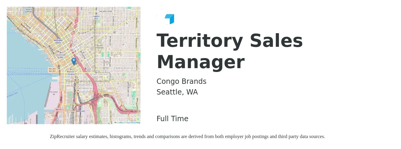 Congo Brands job posting for a Territory Sales Manager in Seattle, WA with a salary of $73,400 to $112,700 Yearly with a map of Seattle location.