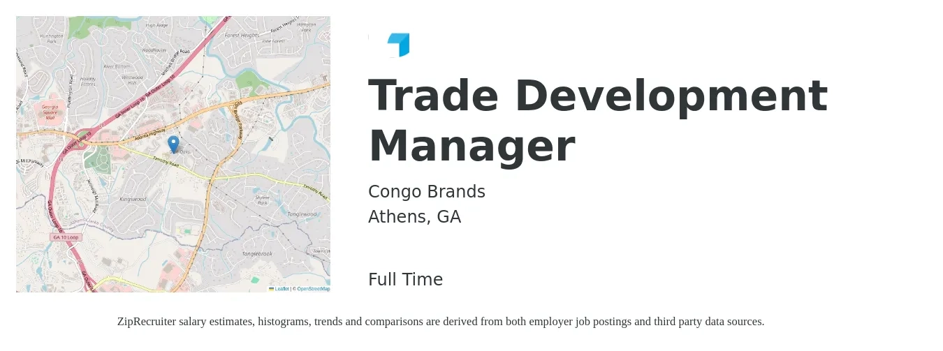 Congo Brands job posting for a Trade Development Manager in Athens, GA with a salary of $41,000 to $71,900 Yearly with a map of Athens location.