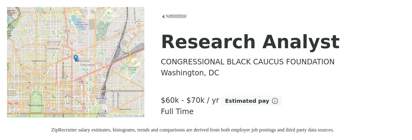 CONGRESSIONAL BLACK CAUCUS FOUNDATION job posting for a Research Analyst in Washington, DC with a salary of $60,000 to $70,000 Yearly with a map of Washington location.