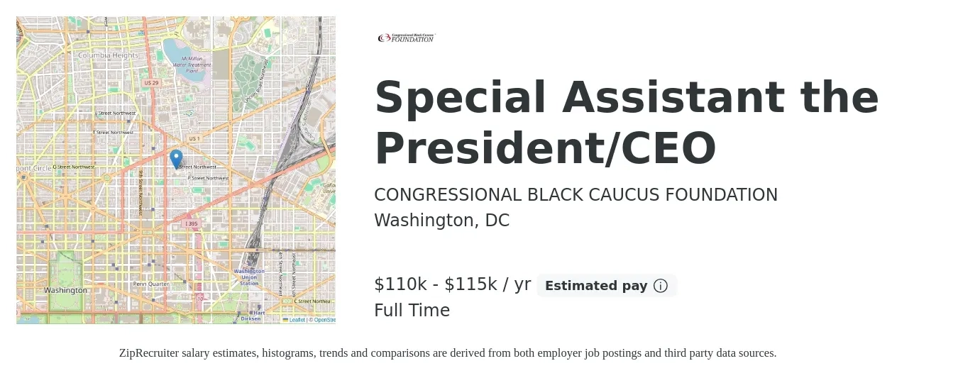 CONGRESSIONAL BLACK CAUCUS FOUNDATION job posting for a Special Assistant the President/CEO in Washington, DC with a salary of $110,000 to $115,000 Yearly with a map of Washington location.