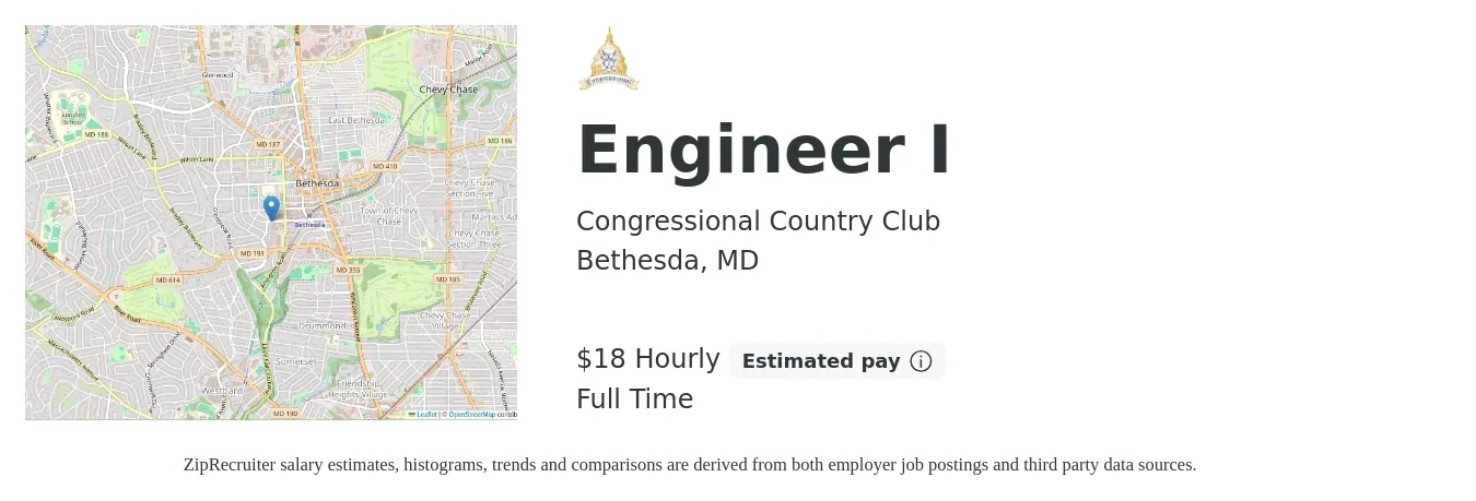 Congressional Country Club job posting for a Engineer I in Bethesda, MD with a salary of $90,000 to $124,900 Yearly with a map of Bethesda location.
