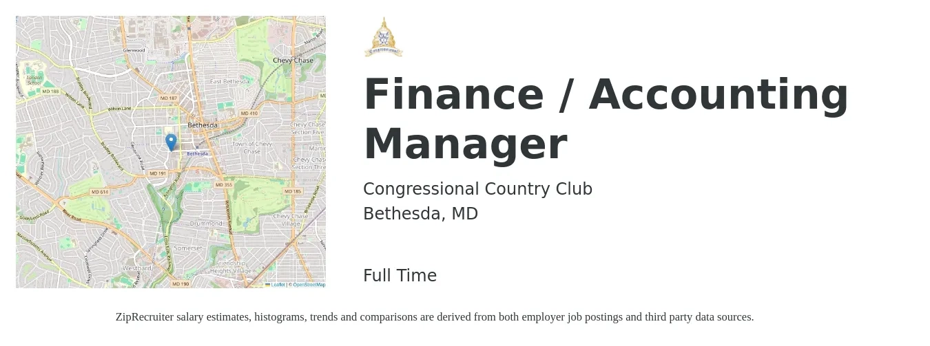 Congressional Country Club job posting for a Finance / Accounting Manager in Bethesda, MD with a salary of $83,600 to $120,000 Yearly with a map of Bethesda location.