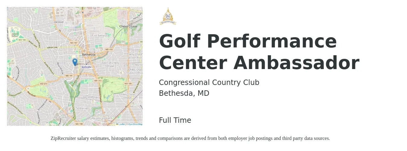 Congressional Country Club job posting for a Golf Performance Center Ambassador in Bethesda, MD with a salary of $18 to $26 Hourly with a map of Bethesda location.