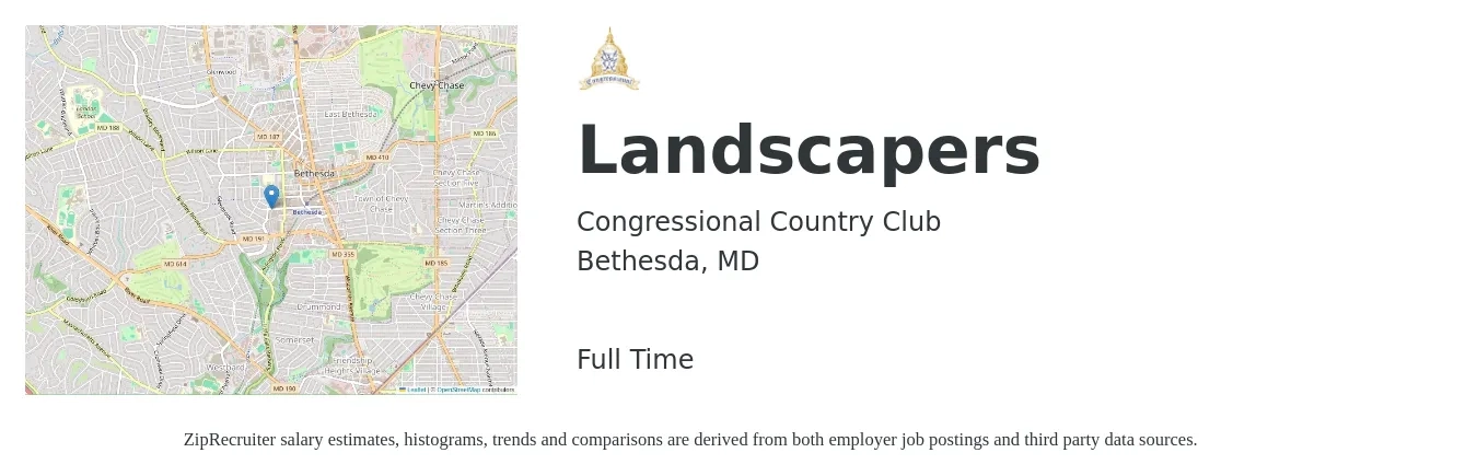 Congressional Country Club job posting for a Landscapers in Bethesda, MD with a salary of $18 to $19 Hourly with a map of Bethesda location.