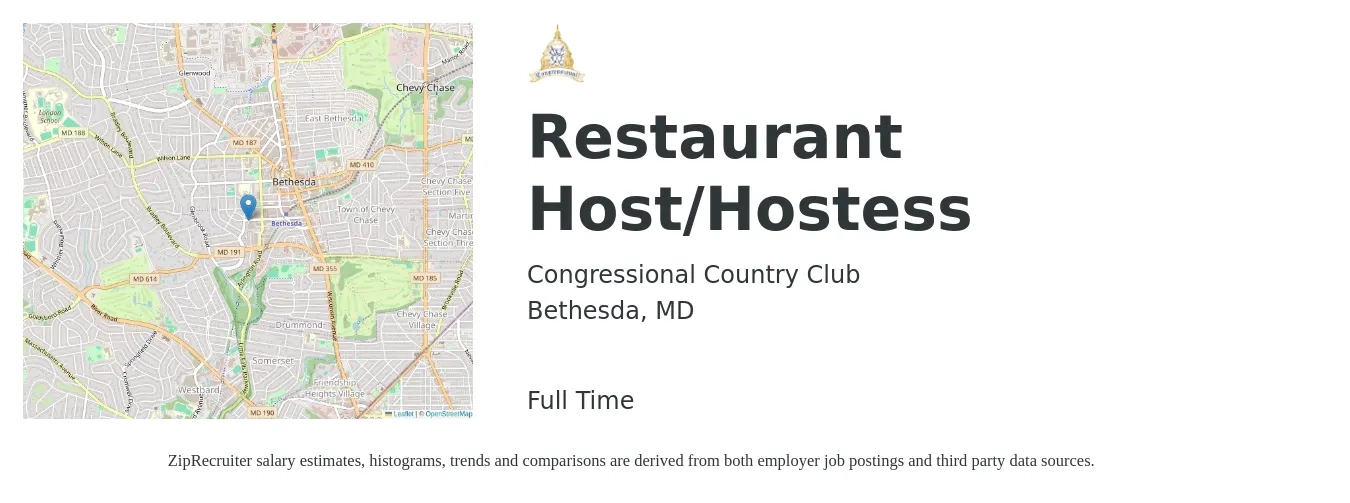 Congressional Country Club job posting for a Restaurant Host/Hostess in Bethesda, MD with a salary of $13 to $18 Hourly with a map of Bethesda location.