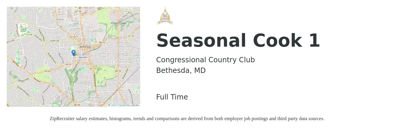 Congressional Country Club job posting for a Seasonal Cook 1 in Bethesda, MD with a salary of $17 to $22 Hourly with a map of Bethesda location.