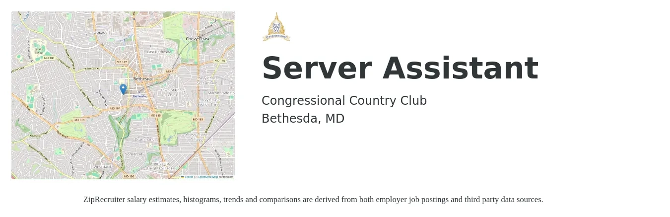 Congressional Country Club job posting for a Server Assistant in Bethesda, MD with a salary of $11 to $17 Hourly with a map of Bethesda location.
