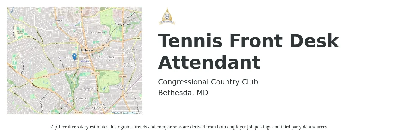 Congressional Country Club job posting for a Tennis Front Desk Attendant in Bethesda, MD with a salary of $14 to $18 Hourly with a map of Bethesda location.