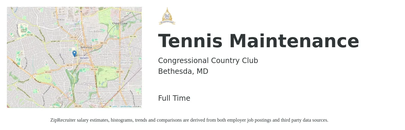 Congressional Country Club job posting for a Tennis Maintenance in Bethesda, MD with a salary of $26 to $42 Hourly with a map of Bethesda location.