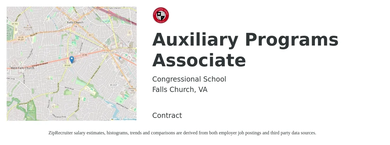Congressional School job posting for a Auxiliary Programs Associate in Falls Church, VA with a salary of $42,700 to $63,500 Yearly with a map of Falls Church location.