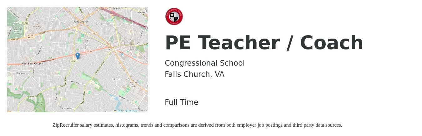 Congressional School job posting for a PE Teacher / Coach in Falls Church, VA with a salary of $48,000 to $65,100 Yearly with a map of Falls Church location.