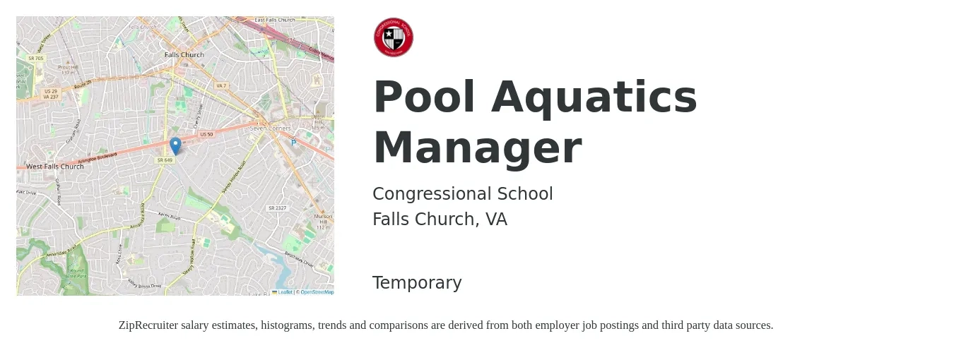 Congressional School job posting for a Pool Aquatics Manager in Falls Church, VA with a salary of $17 to $22 Hourly with a map of Falls Church location.