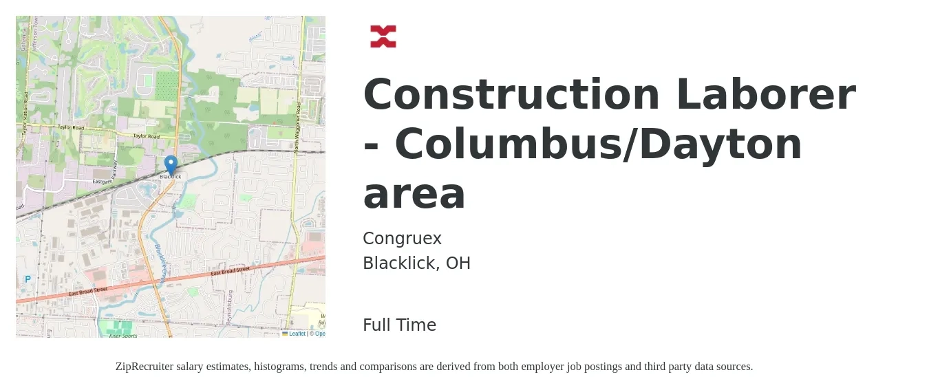 Congruex job posting for a Construction Laborer - Columbus/Dayton area in Blacklick, OH with a salary of $17 to $22 Hourly with a map of Blacklick location.