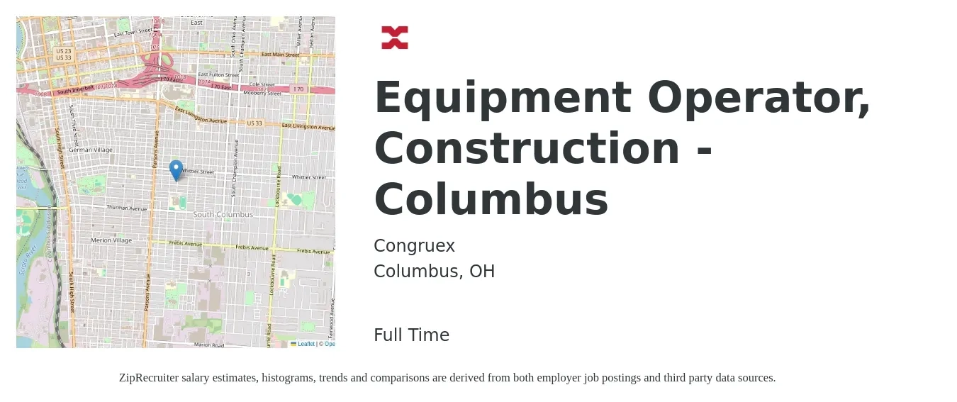 Congruex job posting for a Equipment Operator, Construction - Columbus in Columbus, OH with a salary of $22 to $28 Hourly with a map of Columbus location.