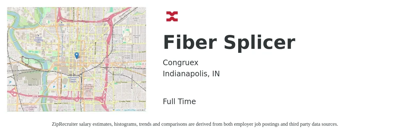 Congruex job posting for a Fiber Splicer in Indianapolis, IN with a salary of $24 to $28 Hourly with a map of Indianapolis location.