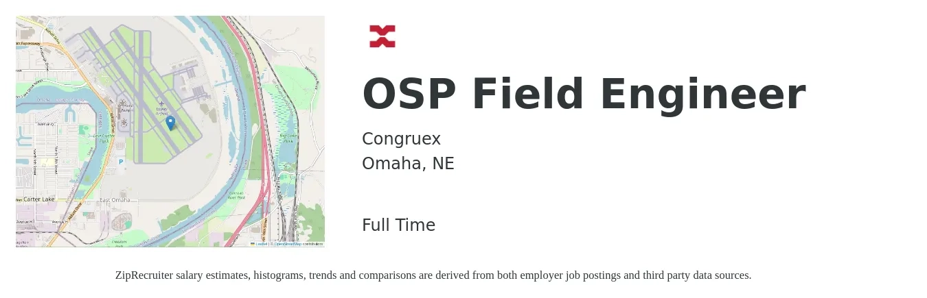 Congruex job posting for a OSP Field Engineer in Omaha, NE with a salary of $24 to $41 Hourly with a map of Omaha location.