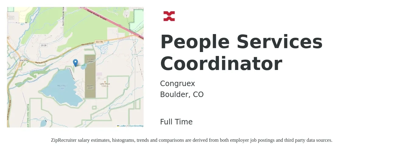 Congruex job posting for a People Services Coordinator in Boulder, CO with a salary of $26 to $32 Hourly with a map of Boulder location.