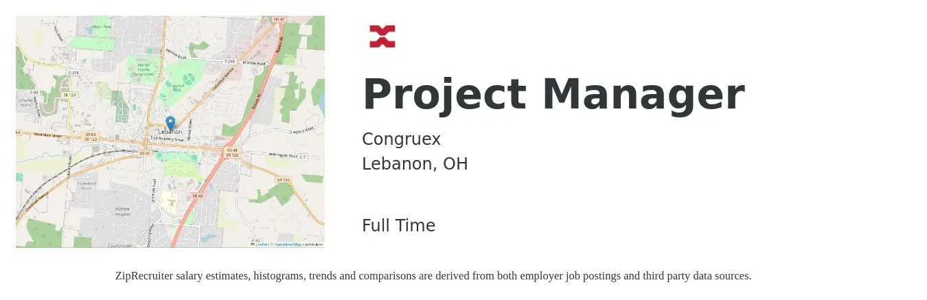 Congruex job posting for a Project Manager in Lebanon, OH with a salary of $71,700 to $112,300 Yearly with a map of Lebanon location.