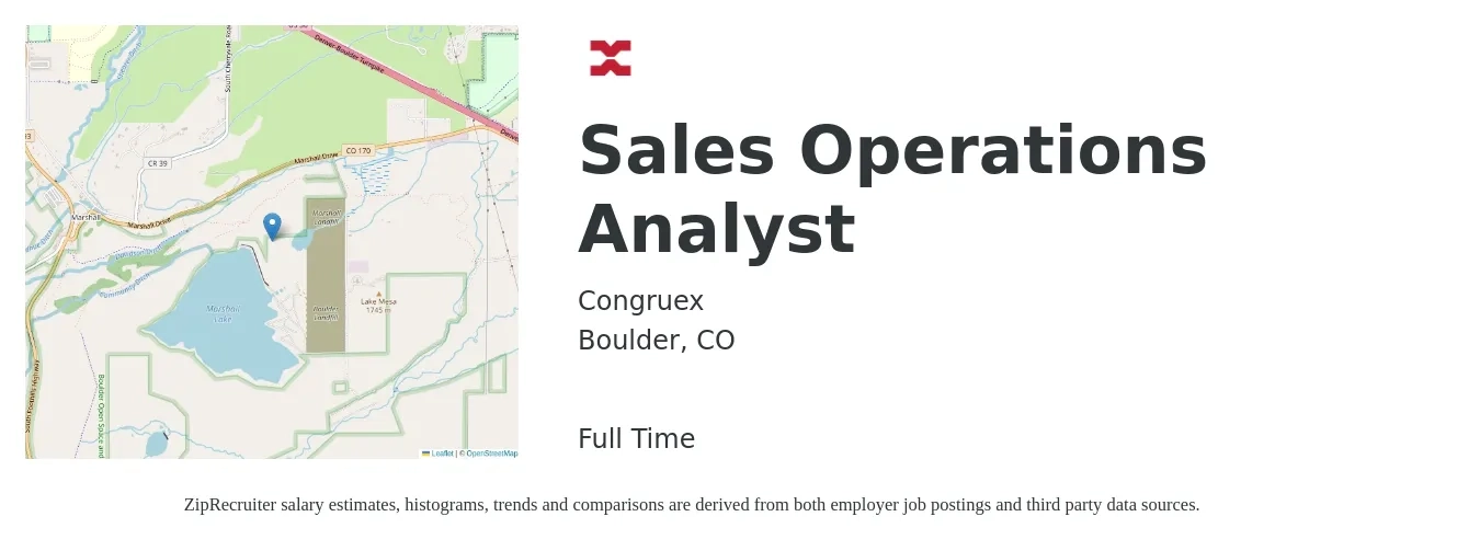 Congruex job posting for a Sales Operations Analyst in Boulder, CO with a salary of $80,000 to $90,000 Yearly with a map of Boulder location.