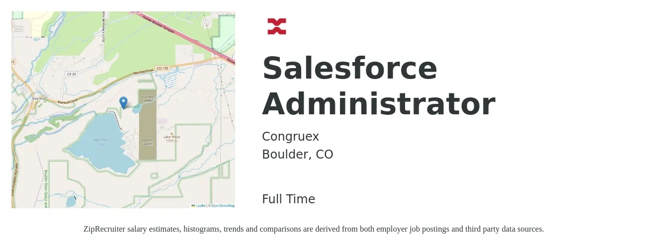 Congruex job posting for a Salesforce Administrator in Boulder, CO with a salary of $90,000 to $110,000 Yearly with a map of Boulder location.