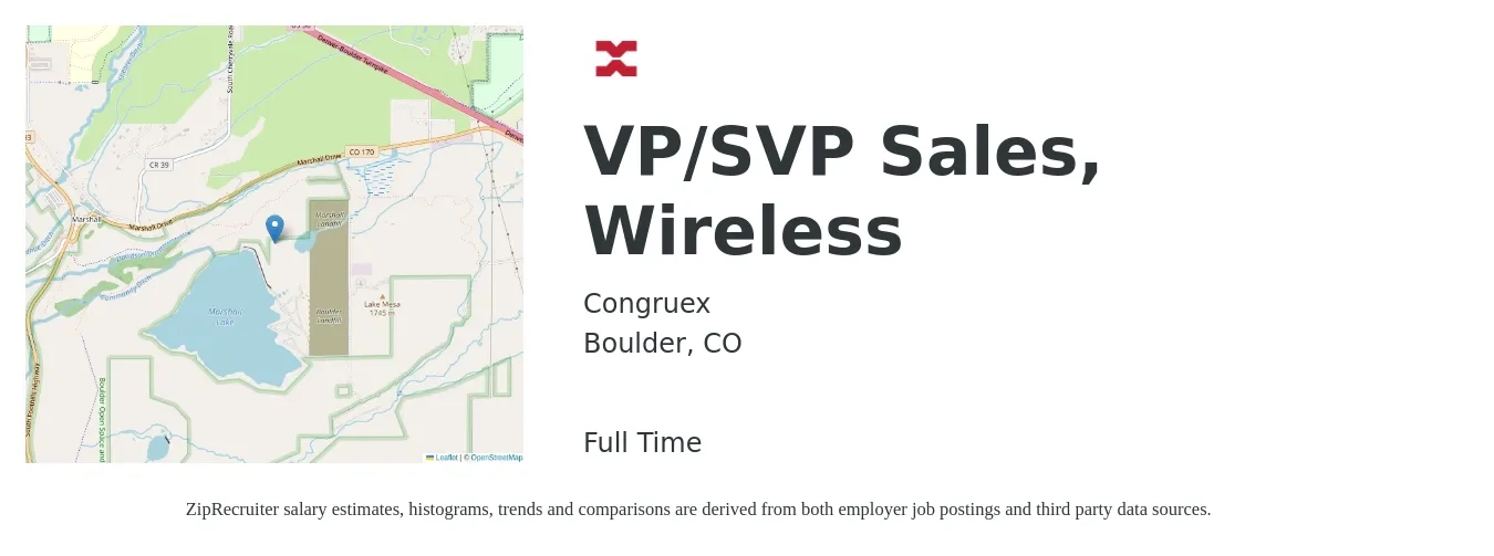 Congruex job posting for a VP/SVP Sales, Wireless in Boulder, CO with a salary of $225,000 to $275,000 Yearly with a map of Boulder location.