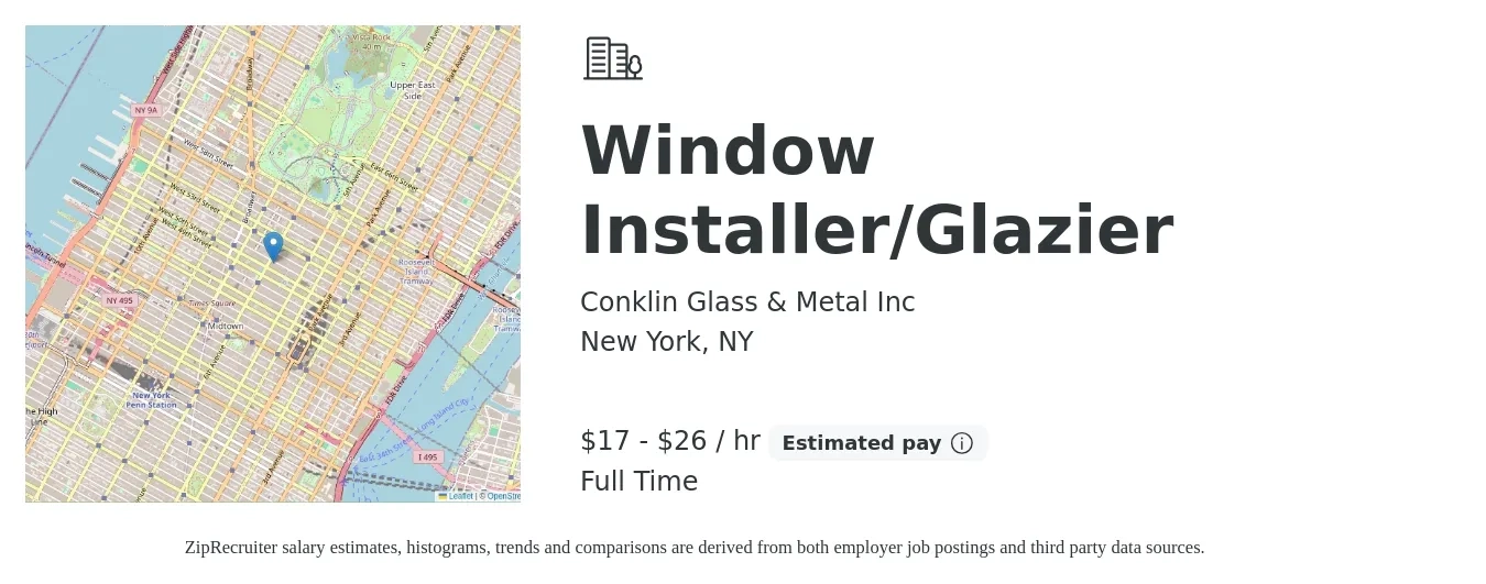 Conklin Glass & Metal Inc job posting for a Window Installer/Glazier in New York, NY with a salary of $18 to $28 Hourly and benefits including pto with a map of New York location.
