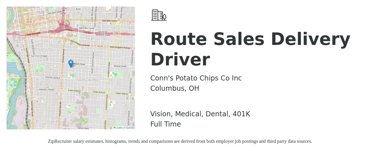 Conn's Potato Chips Co Inc job posting for a Route Sales Delivery Driver in Columbus, OH with a salary of $900 to $1,100 Weekly and benefits including life_insurance, medical, vision, 401k, and dental with a map of Columbus location.