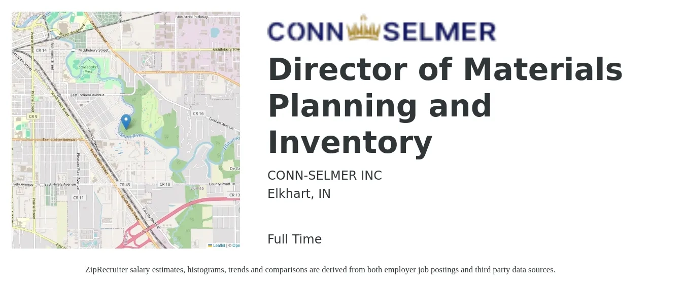 CONN-SELMER INC job posting for a Director of Materials Planning and Inventory in Elkhart, IN with a salary of $74,800 to $145,800 Yearly with a map of Elkhart location.