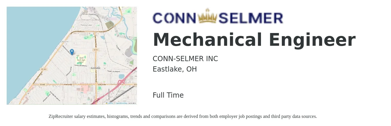 CONN-SELMER INC job posting for a Mechanical Engineer in Eastlake, OH with a salary of $75,600 to $117,300 Yearly with a map of Eastlake location.