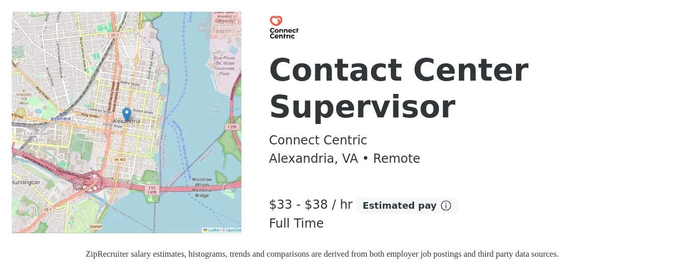 Connect Centric job posting for a Contact Center Supervisor in Alexandria, VA with a salary of $35 to $40 Hourly with a map of Alexandria location.