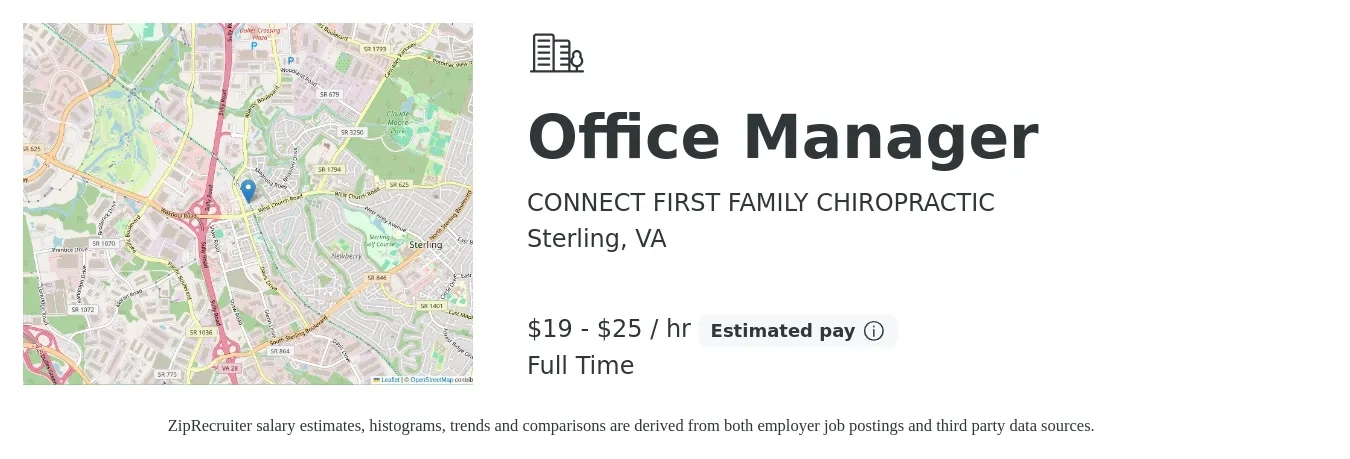 CONNECT FIRST FAMILY CHIROPRACTIC job posting for a Office Manager in Sterling, VA with a salary of $20 to $27 Hourly with a map of Sterling location.